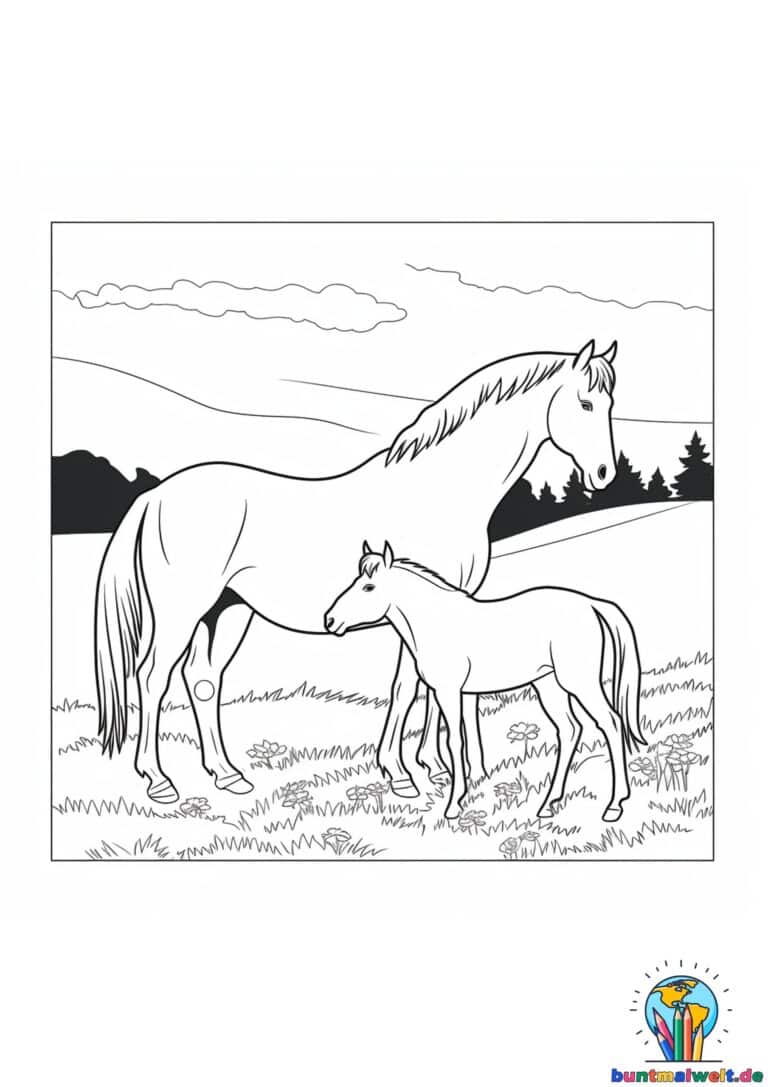 Pferde auf einer Wiese Ausmalbild 2